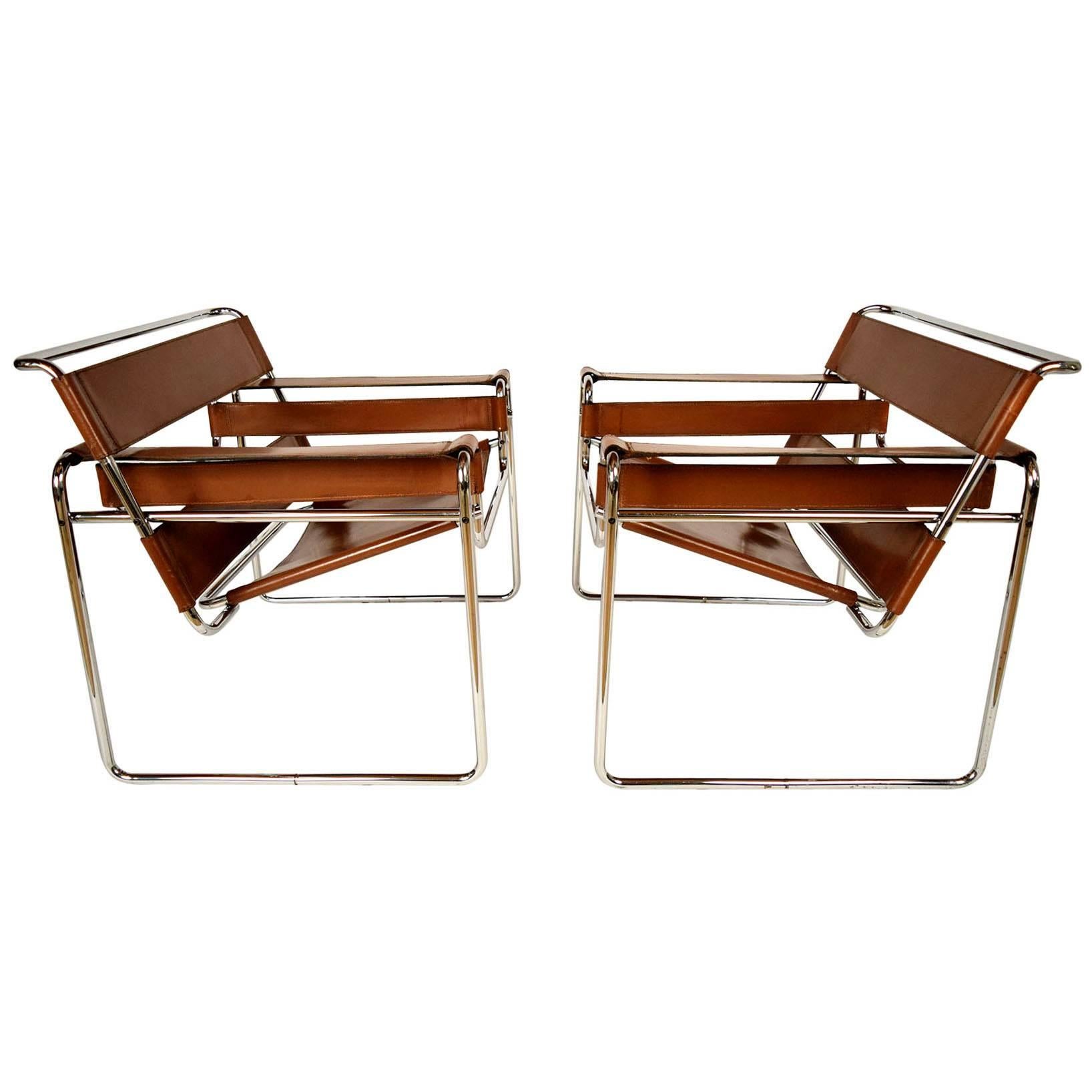 Pair of Chrome and Leather Wassily Chairs Design by Marcel Breuer