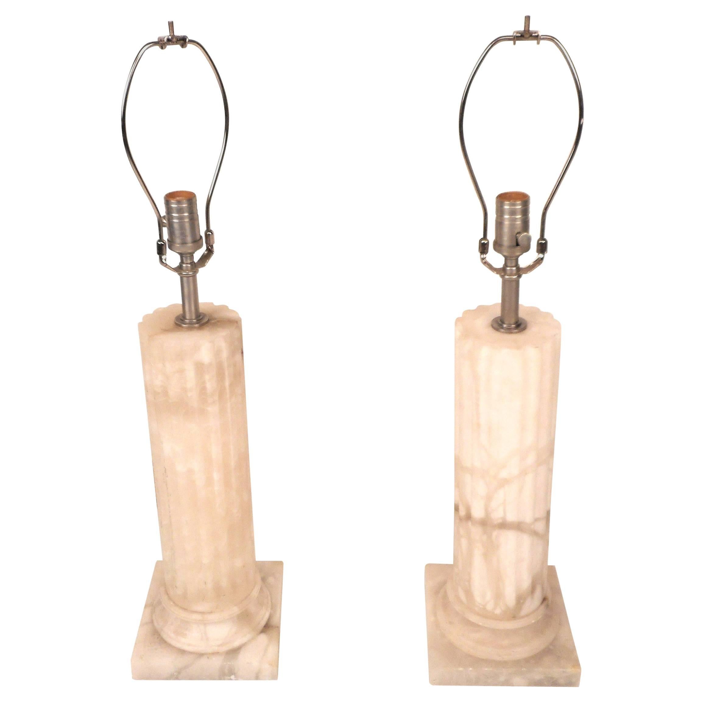 Pair of Mid-Century Modern Marble Pedestal Lamps