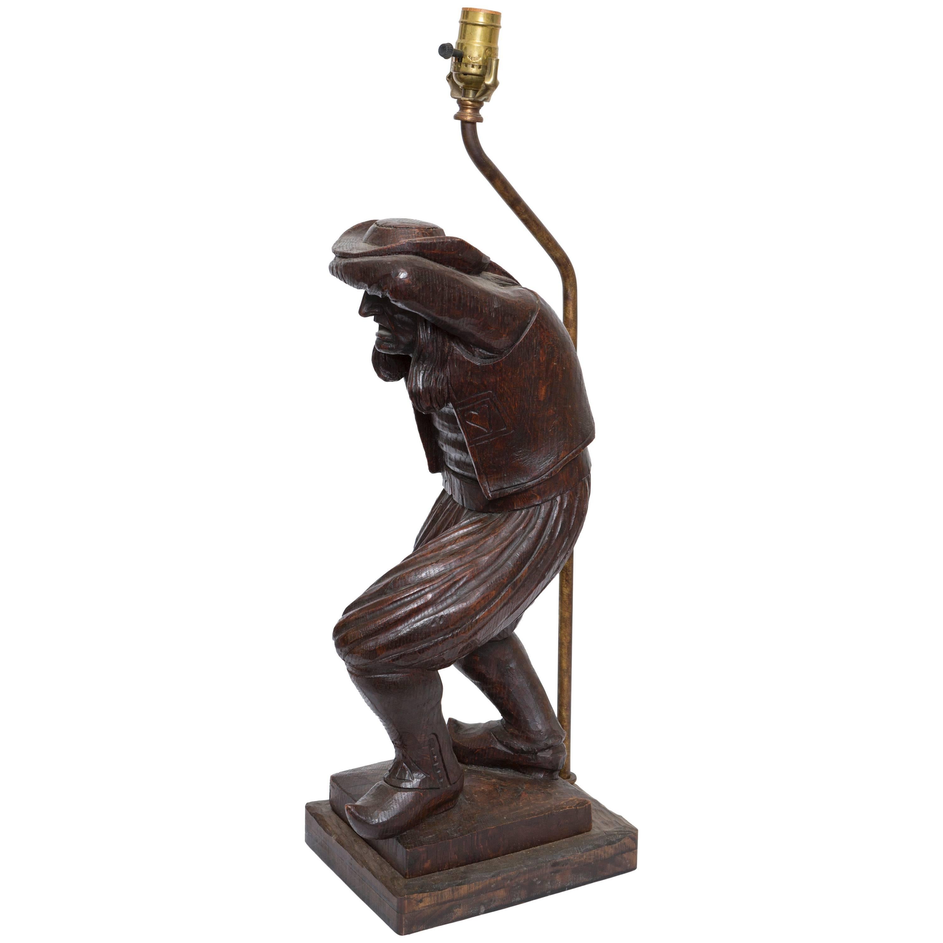 19th Century Wood Carved Lamp of Brittany Man For Sale