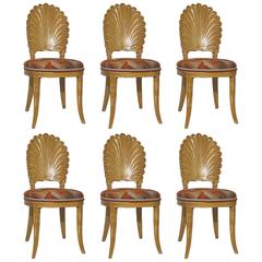 Set of Six Carved Pickled Wood Shell Back Chairs