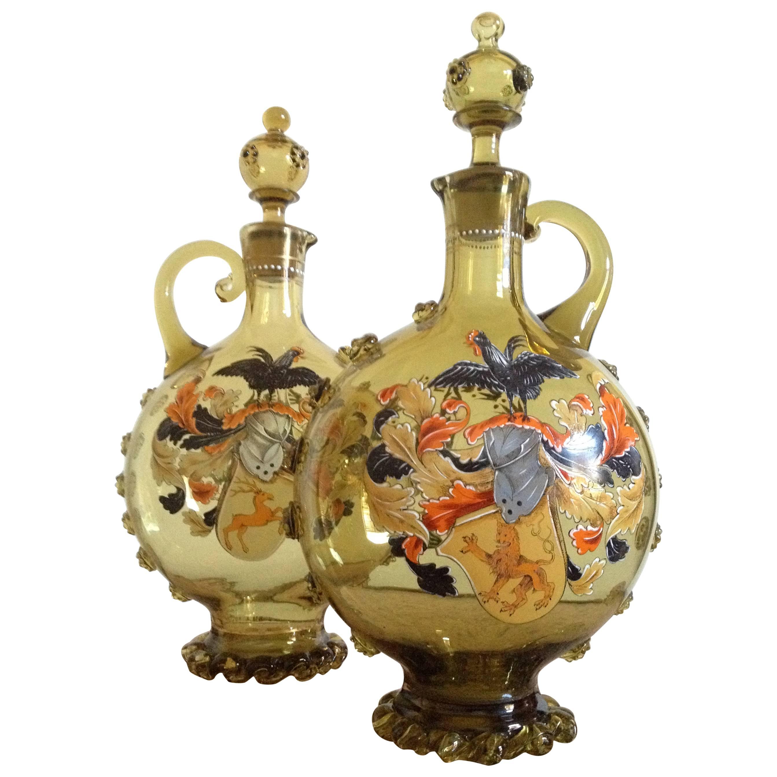Moser Glass Decanters Armorial Enamel and Applied Glass, circa 1900 For Sale