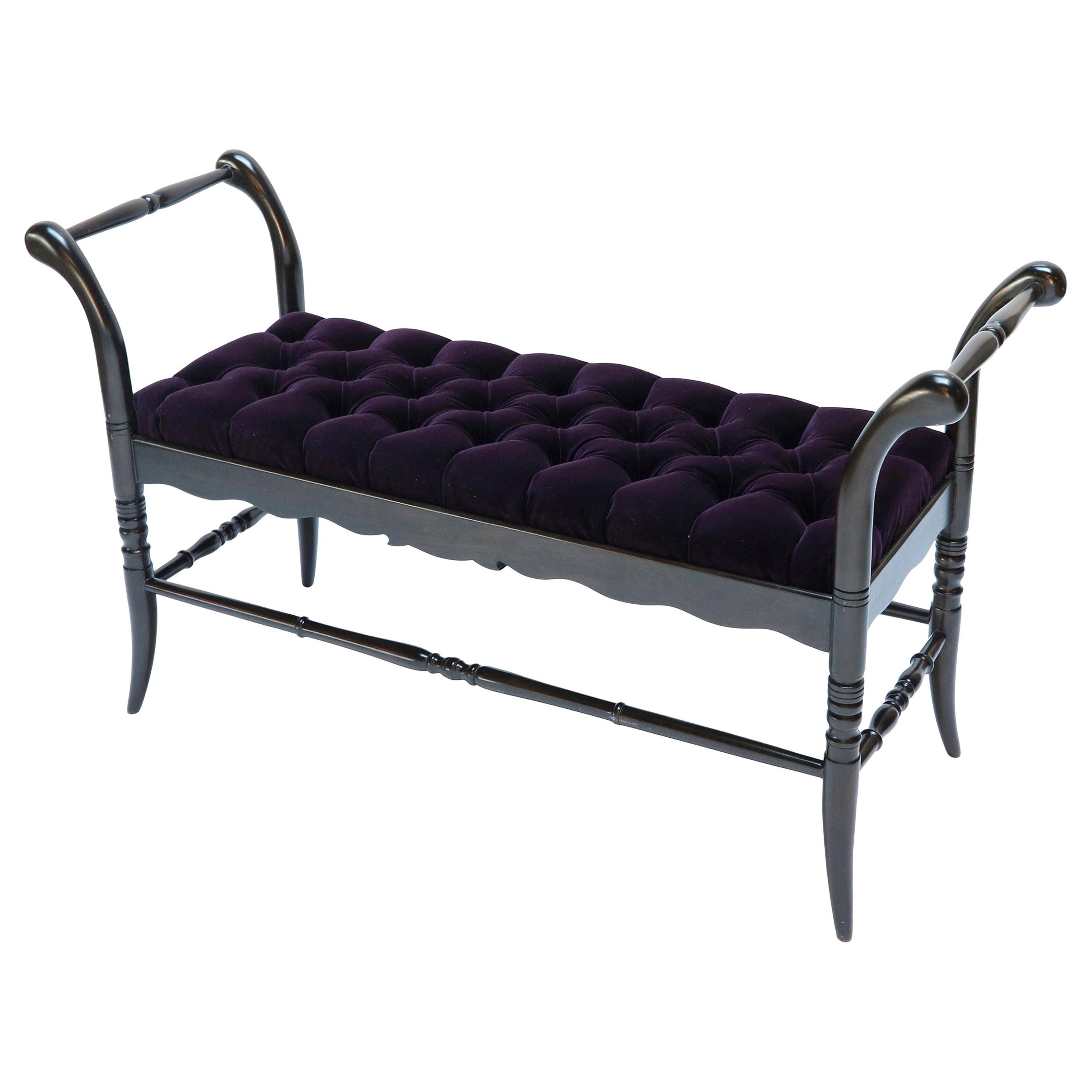 Ebonized Black Tufted Purple Velvet Italian Wood Bench, 1940s For Sale