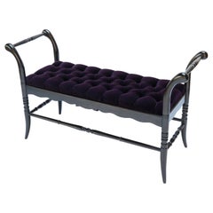 Ebonized Black Tufted Purple Velvet Italian Wood Bench, 1940s