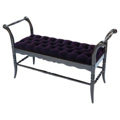 Panca in legno italiano con inserti in velluto viola nero ebanizzato, anni '40