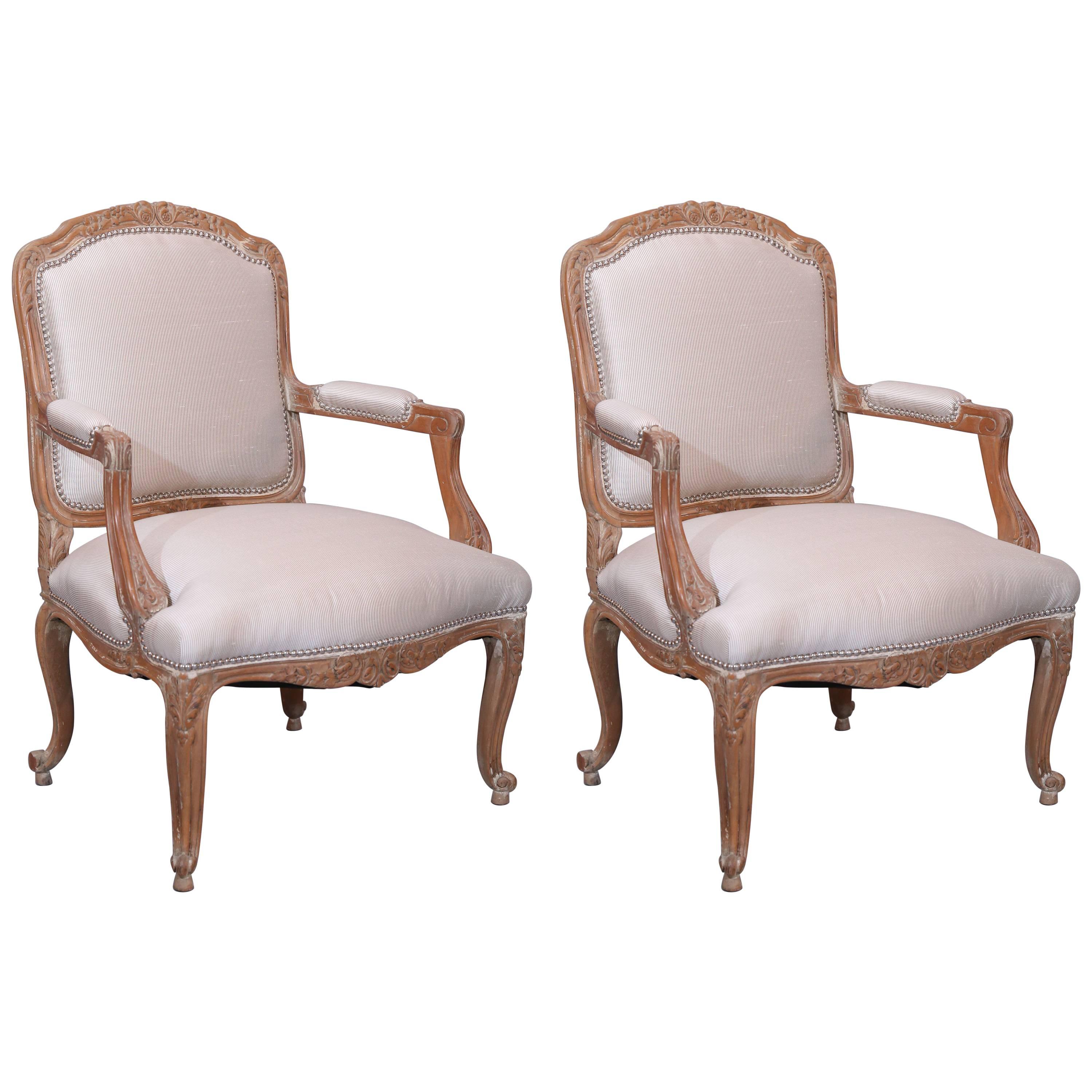 Pair of Pickled Reproduction Fauteuils with Stripe Silk and Nailhead Trim For Sale