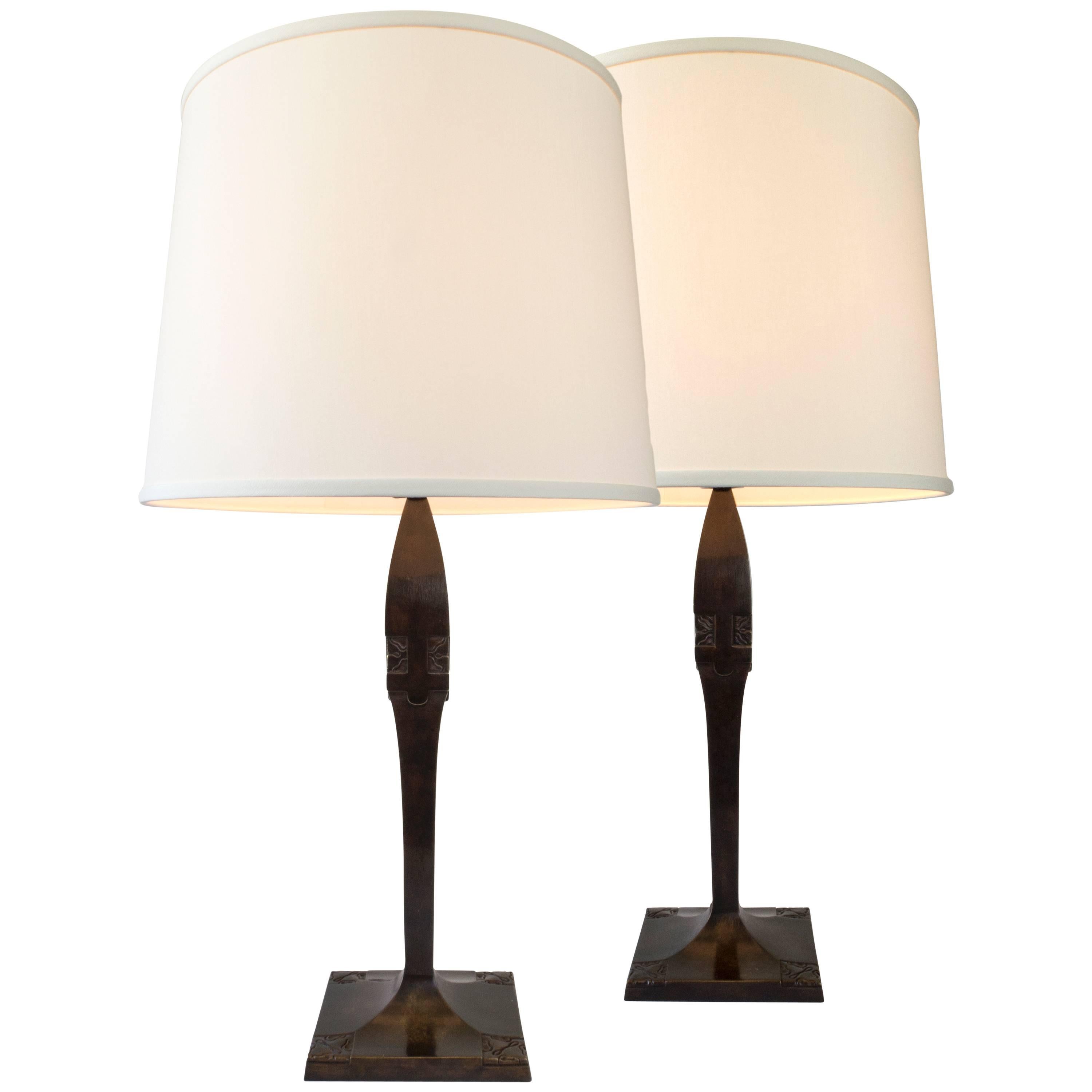 Thorvald Bindesbøll, Matched Pair of Danish Patinated Bronze Jugend Table Lamps