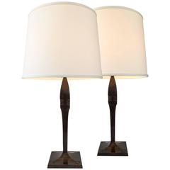 Thorvald Bindesbøll, Matched Pair of Danish Patinated Bronze Jugend Table Lamps