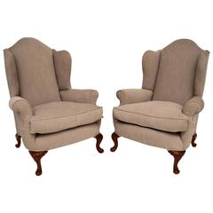 Pair of Antique Upholstered Wing Armchairs