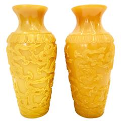Pair of  Vintage Chinese Imperial Peking Glass Carved Dragon Vases