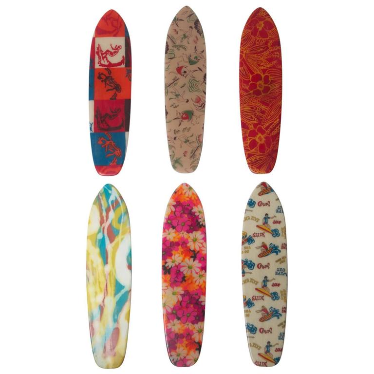 Six Colorful Fiberglass Skateboard Decks Made from Vintage Fabrics