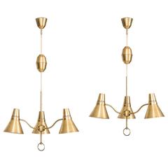 Pair of Height Adjustable Ceiling Lamps in Brass by AB E. Hansson & Co in Sweden