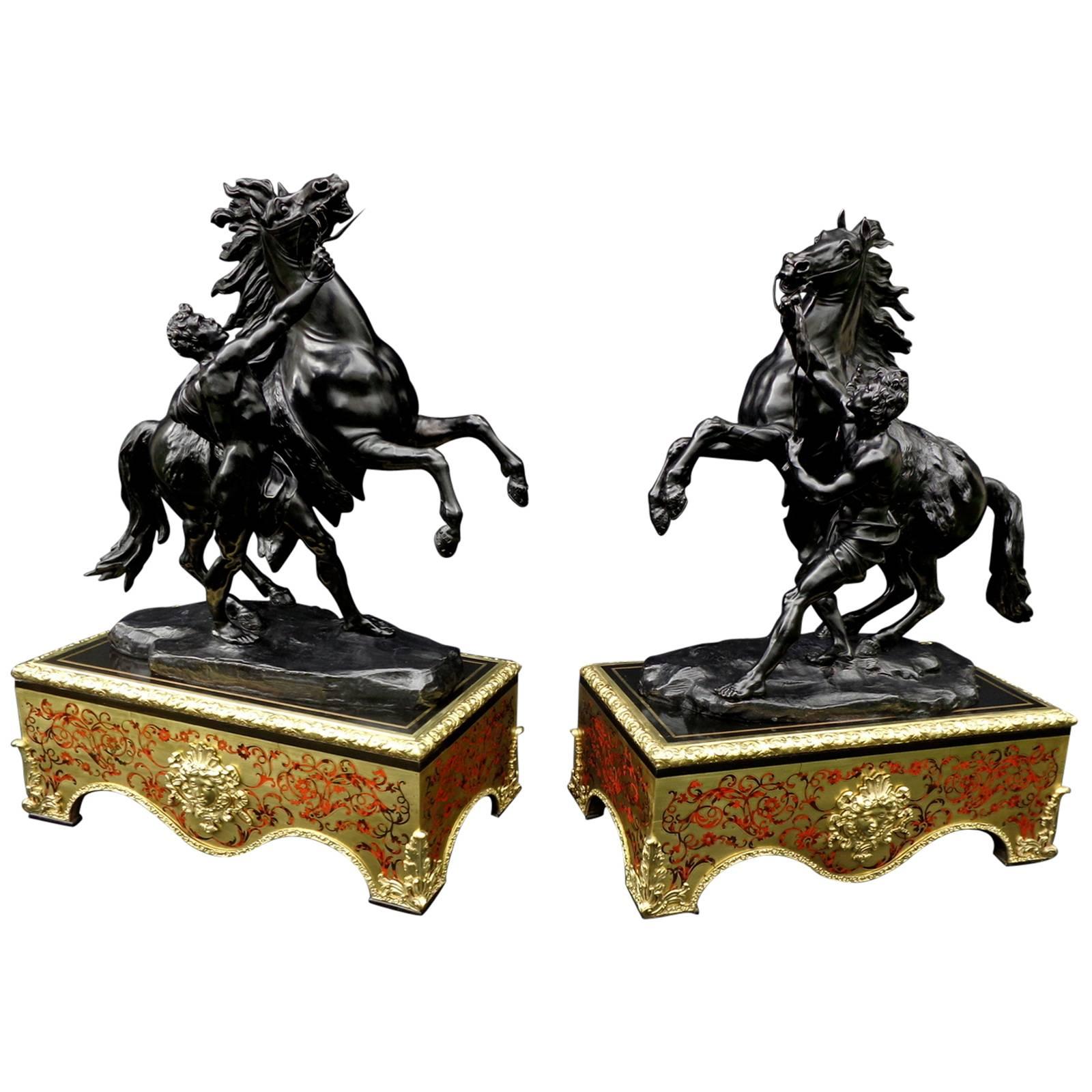 Pair of Marly Horses in Black Patinated Bronze with Pedestal Boulle Marquetry For Sale