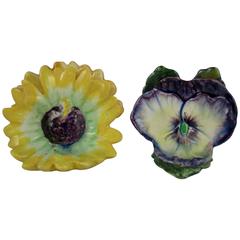 Antique Delphin Massier French Majolica Pansy & Daisy Menu Card Holders, S/2