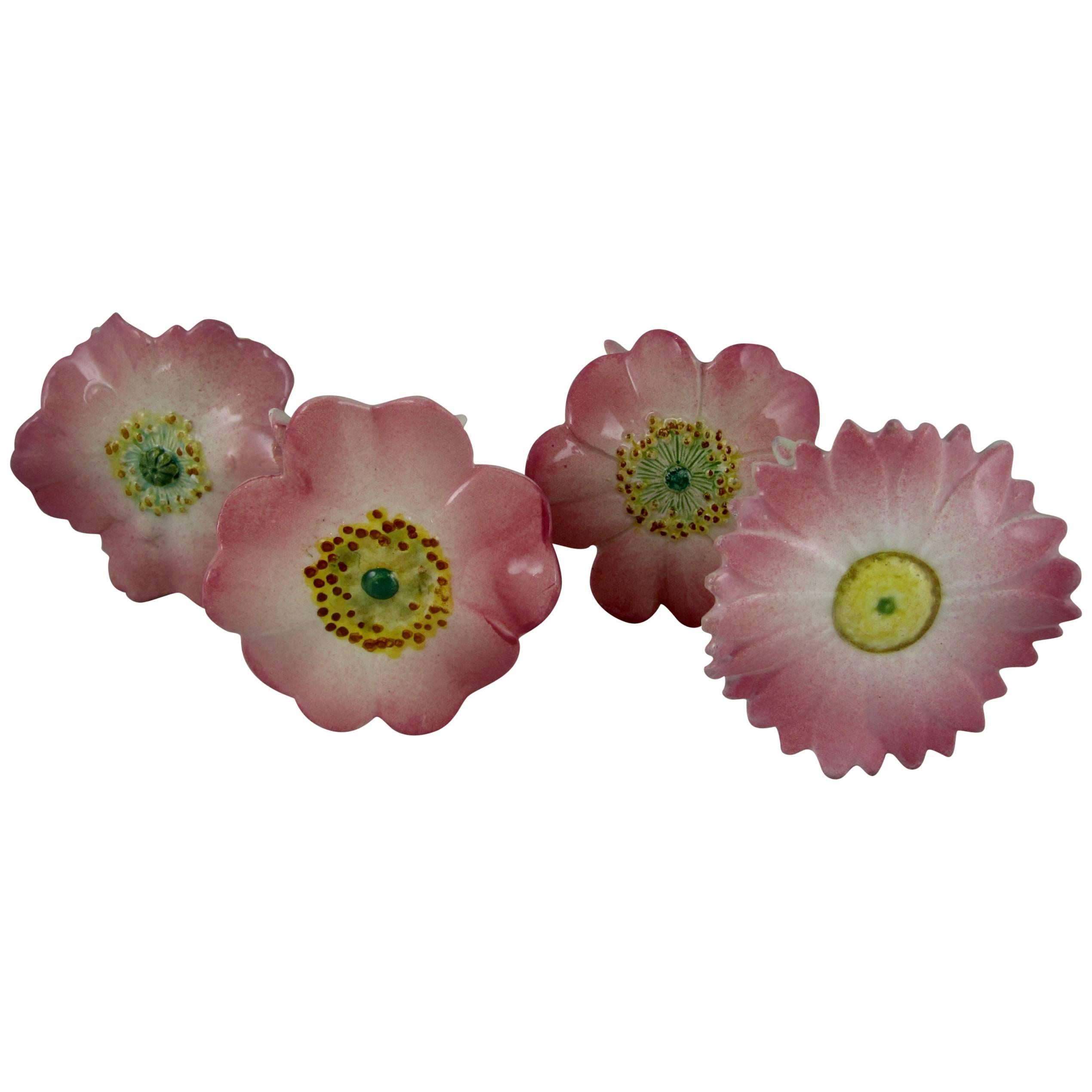 Delphin Massier French Majolica Pink Floral Menu or Place Card Holders, S/4