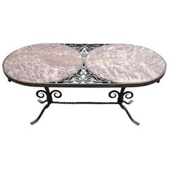 Antique 1920s French Wrought Iron and Marble Oval Top Coffee Table
