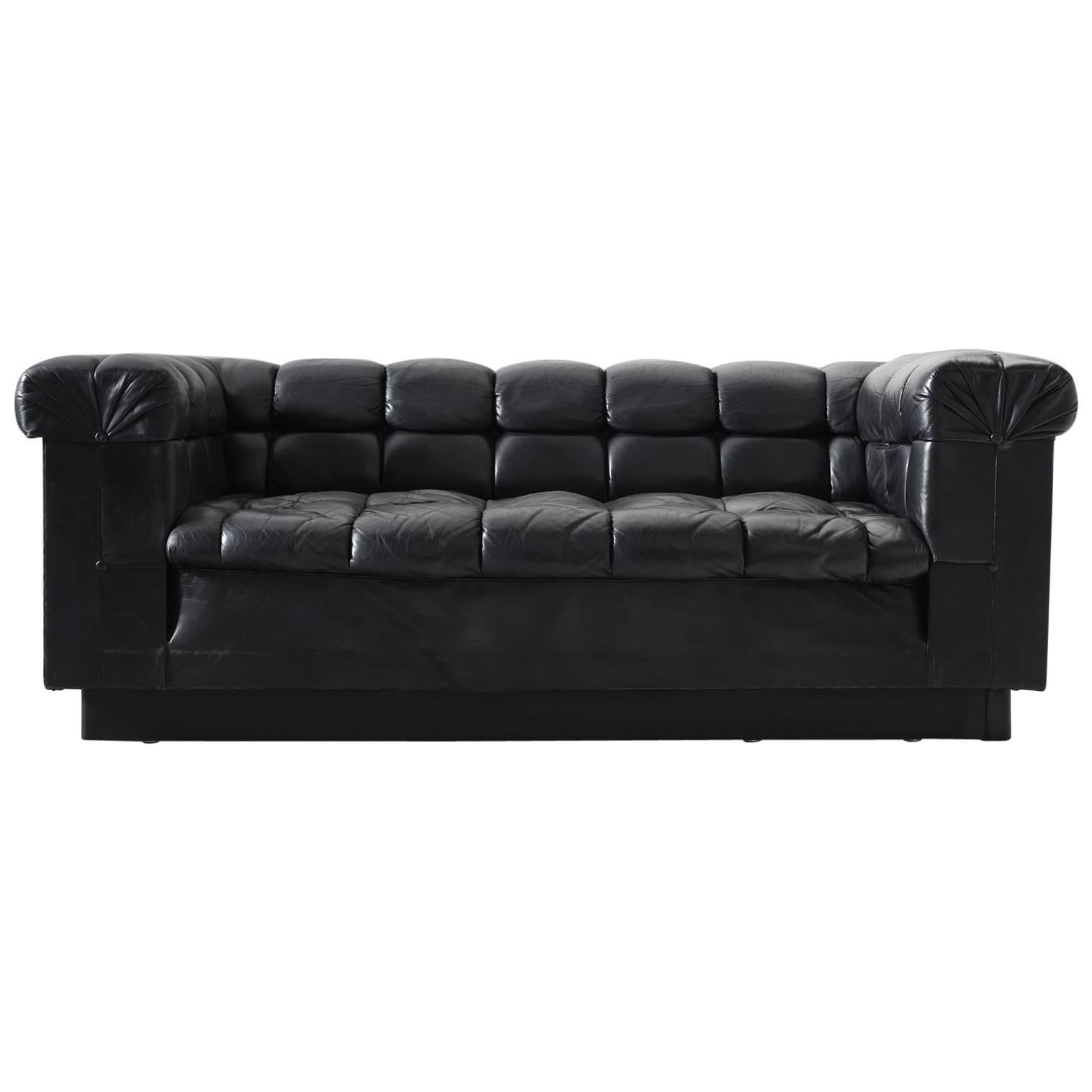 Edward Wormley Tufted Two-Seat Sofa in Black Leather for Dunbar