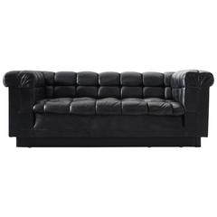 Edward Wormley Tufted Two-Seat Sofa in Black Leather for Dunbar