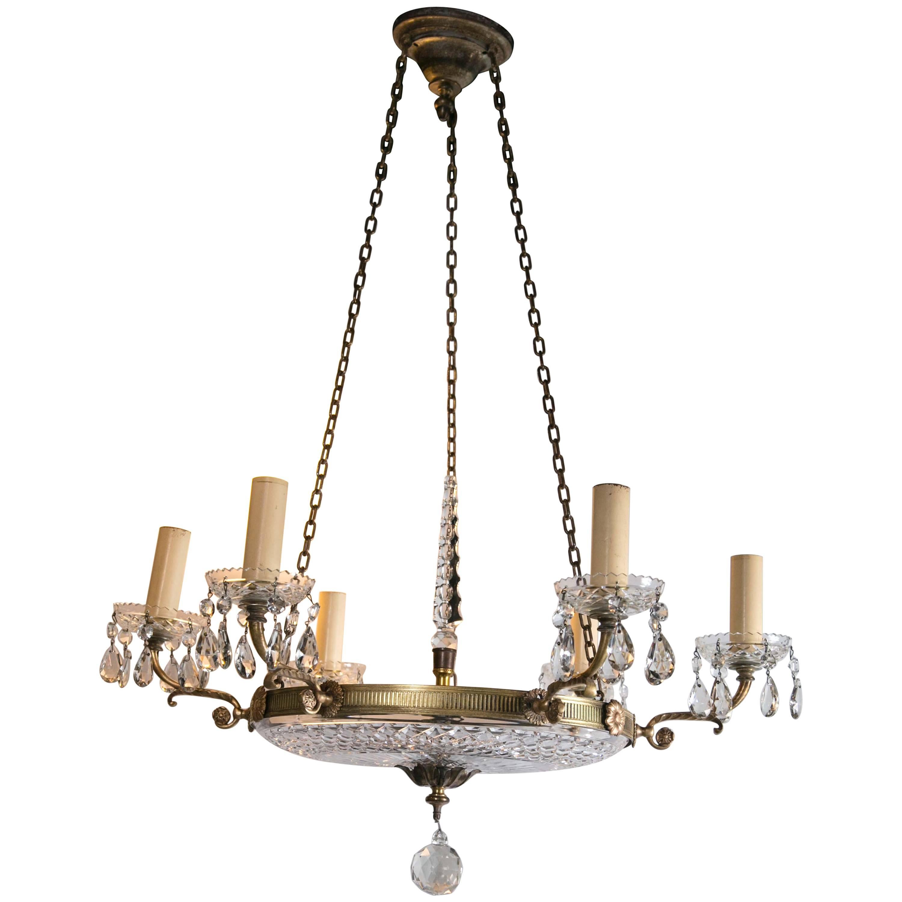 1930 French Gilt Bronze Chandelier with Cut Crystal Inset For Sale