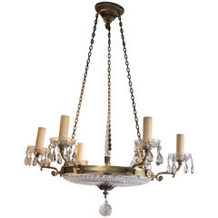 1930 French Gilt Bronze Chandelier with Cut Crystal Inset
