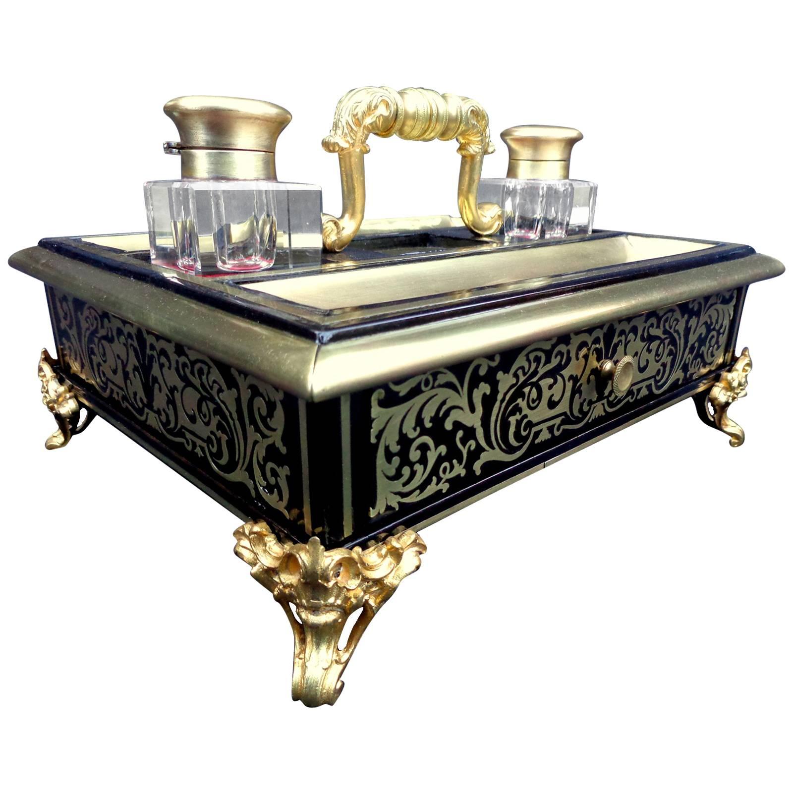 French Inckwell in Brass and Ebony, Boulle Marquetry Napoleon III, Period 19th For Sale