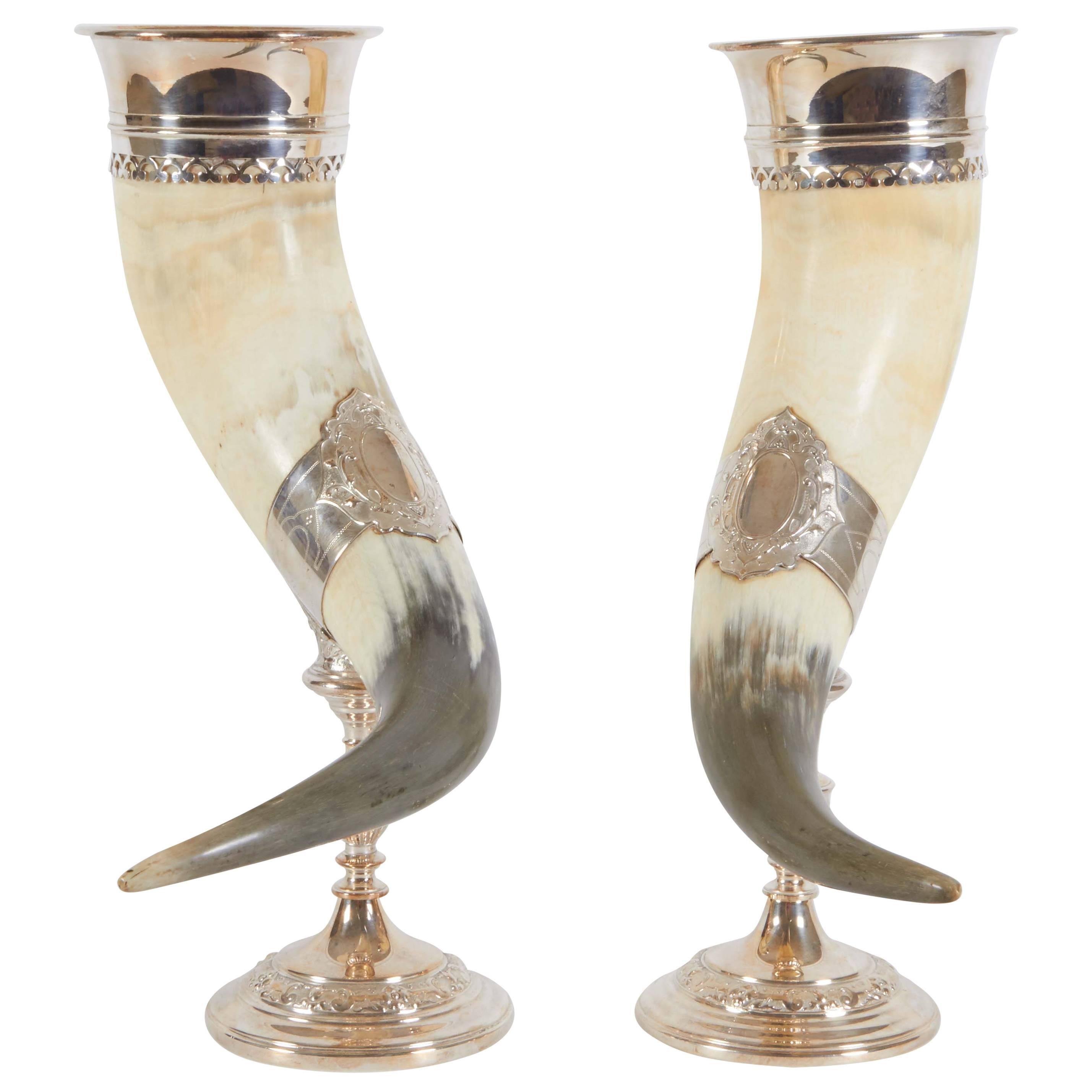 Antique English Pair of Horn Chalices with Silver Mounts