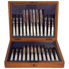 Silverware Set, 24 Engraved Pieces with Mother-of-Pearl in Lined Box