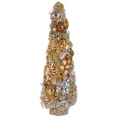 Gold and Rhinestone Contemporary Christmas Tree Made of Vintage Jewelry