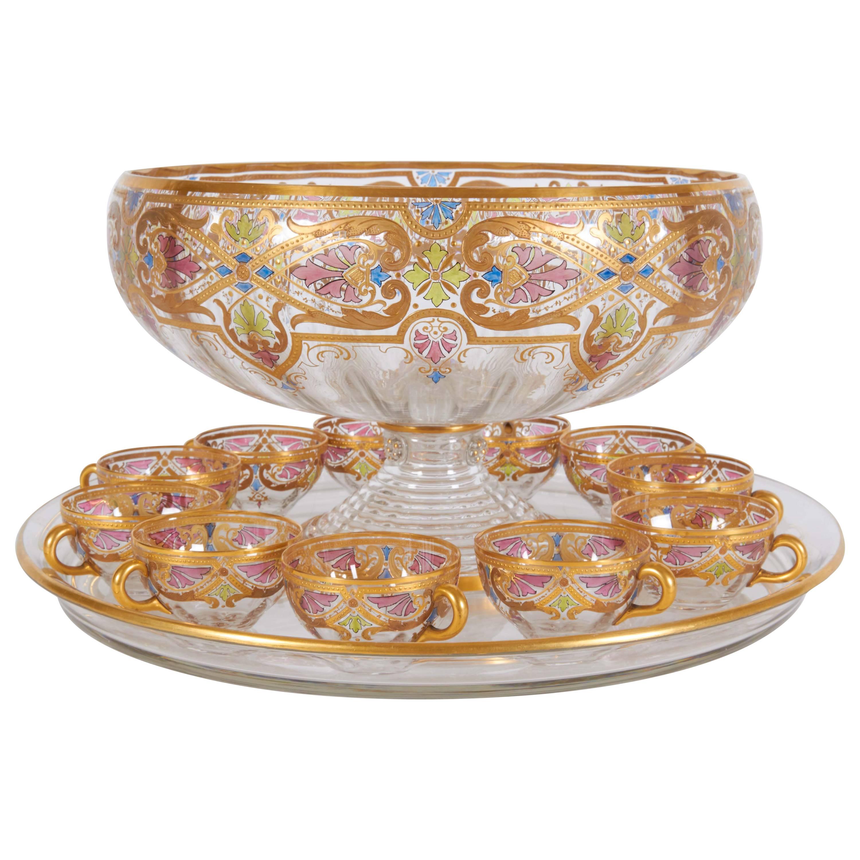 Art Nouveau Centerpiece Punch Bowl Set with Blown Glass under Tray and 11 Cups