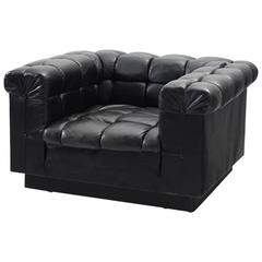 Edward Wormley Tufted Club Chair in Black Leather for Dunbar