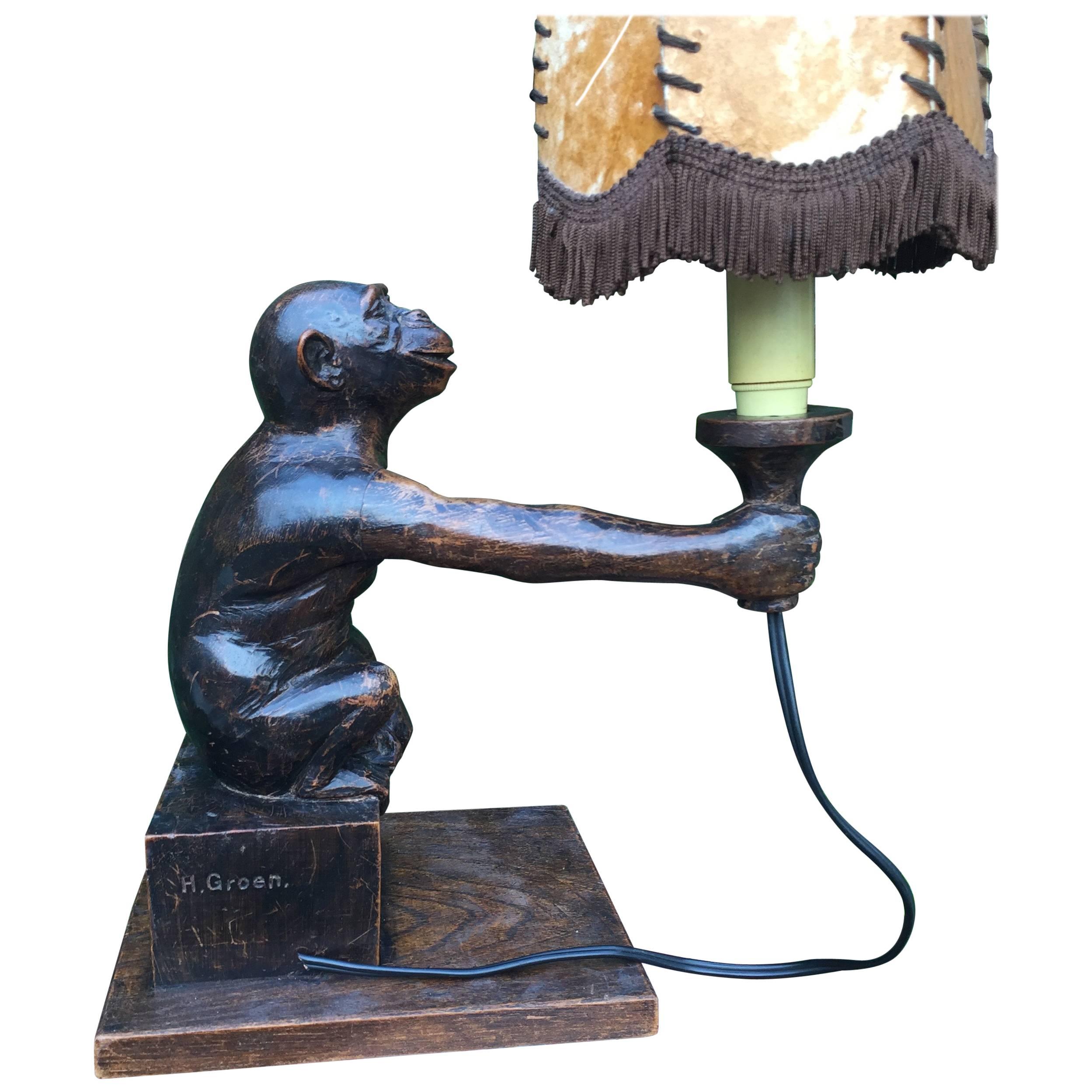 Rare and Decorative Carved Chimp, Monkey Wooden Table or Desk Lamp Early 1900