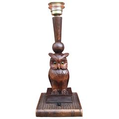 Antique Early 20th Century Black Forest Hand Carved Wooden Owl on Book Table / Desk Lamp