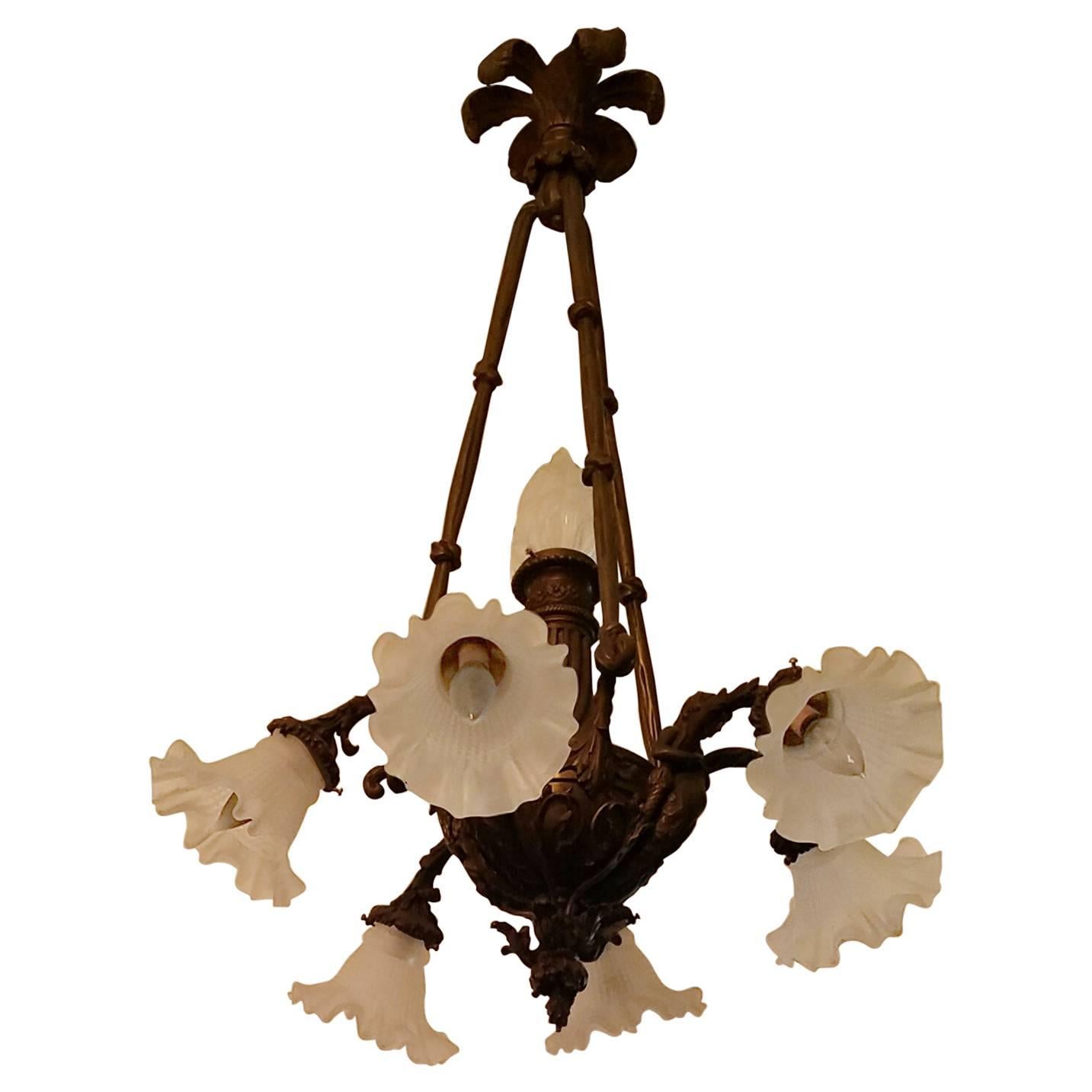 Bronze and Satin Glass Seven-Light Chandelier with Caryatid Figures For Sale