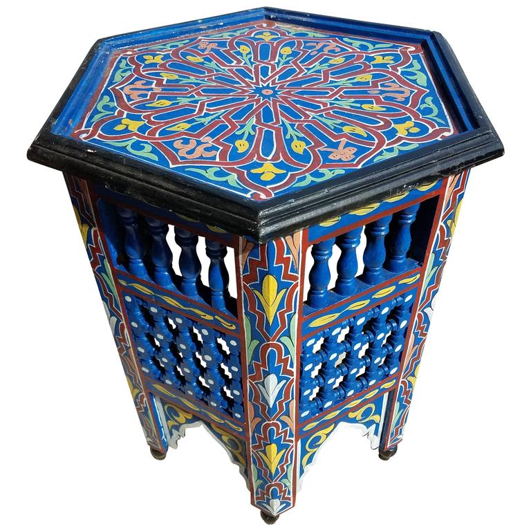 Moroccan Redwood HandPainted Side Table, Handpainted and Carved at