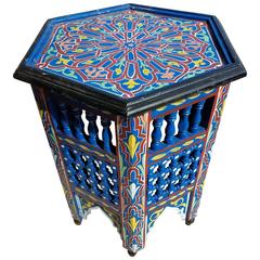 Moroccan Redwood Hand-Painted Side Table, Hand-painted and Carved
