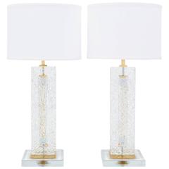 Vintage Pair of Murano Concentric Glass and Brass Table Lamps