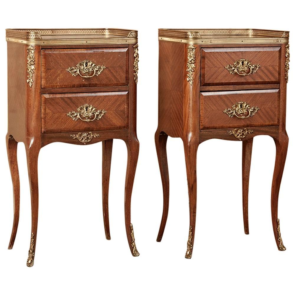 Pair of 19th Century French Mahogany Marquetry Nightstands with Bronze Mounts