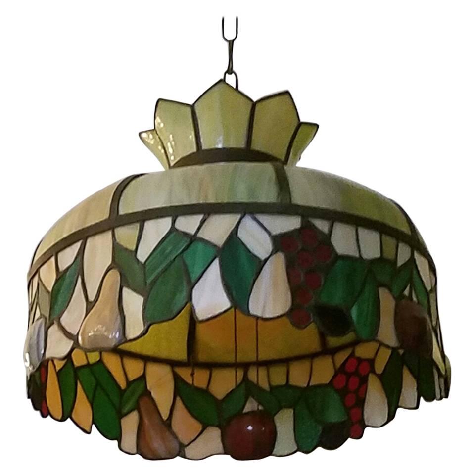 Three-Light Stained and Slag Glass Chandelier For Sale