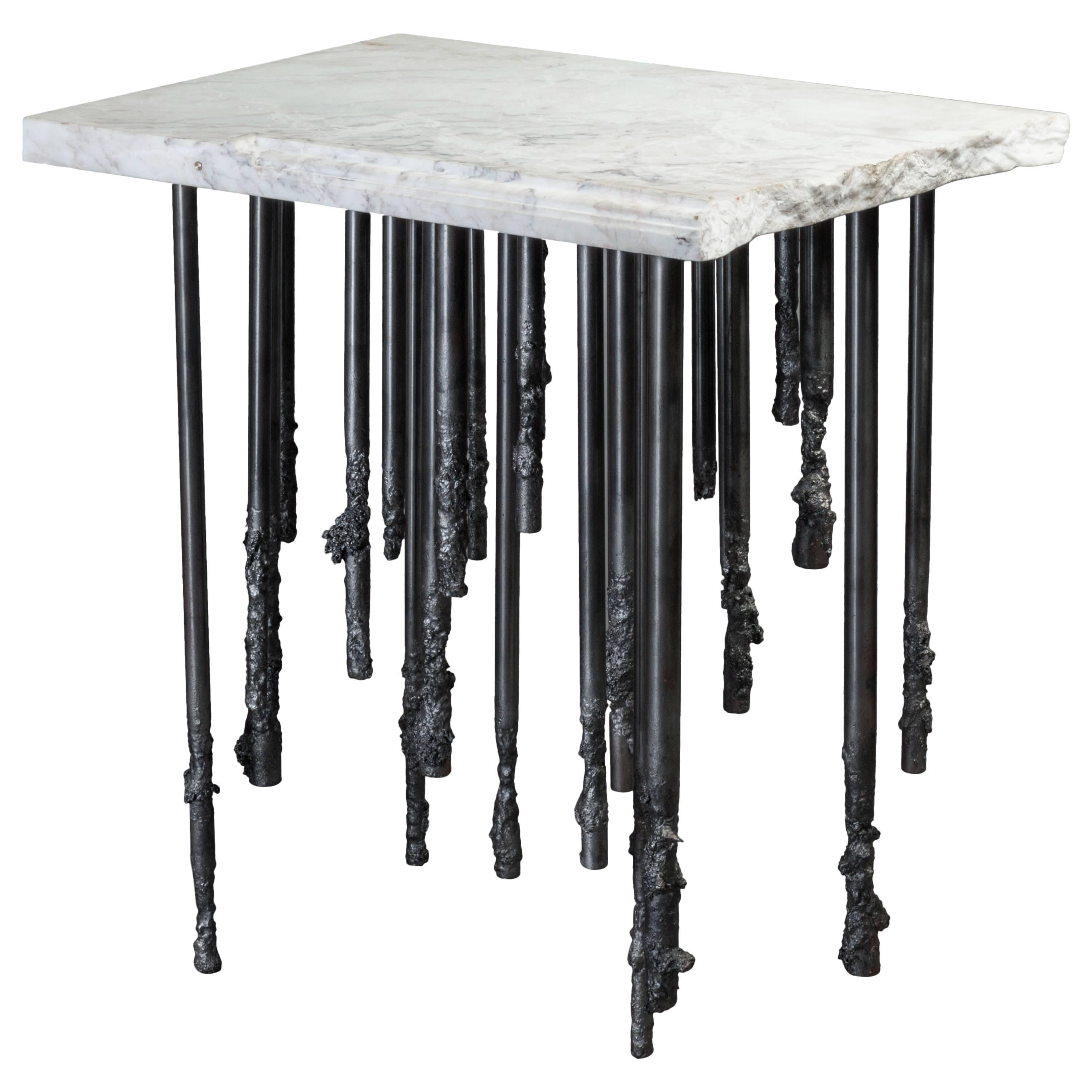 Hand Crafted One Of A Kind Sculptural White Marble and Iron Accent Table