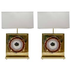 Pair of Brown and White Agates Set in Brass Lamps