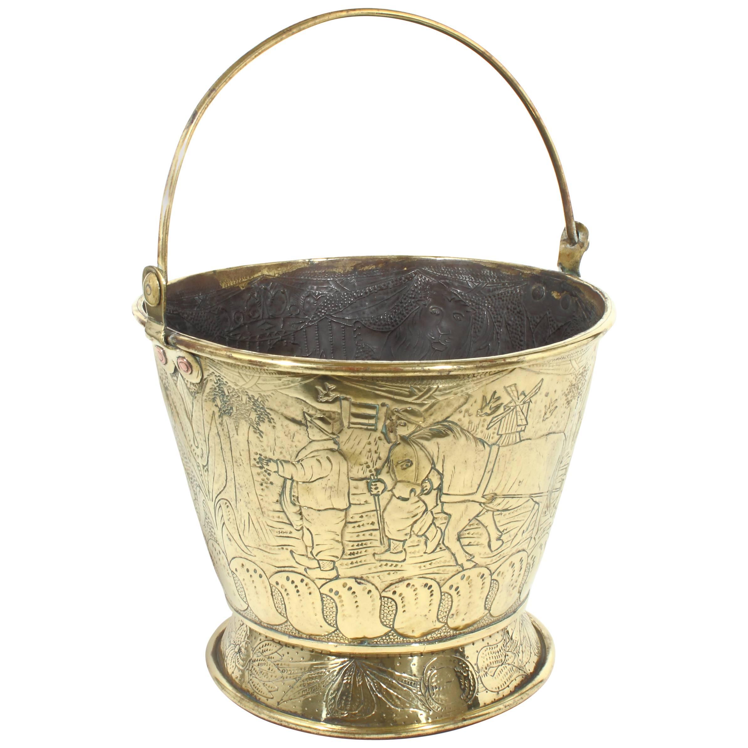 Dutch Embossed Brass Flatwood Bucket For Sale