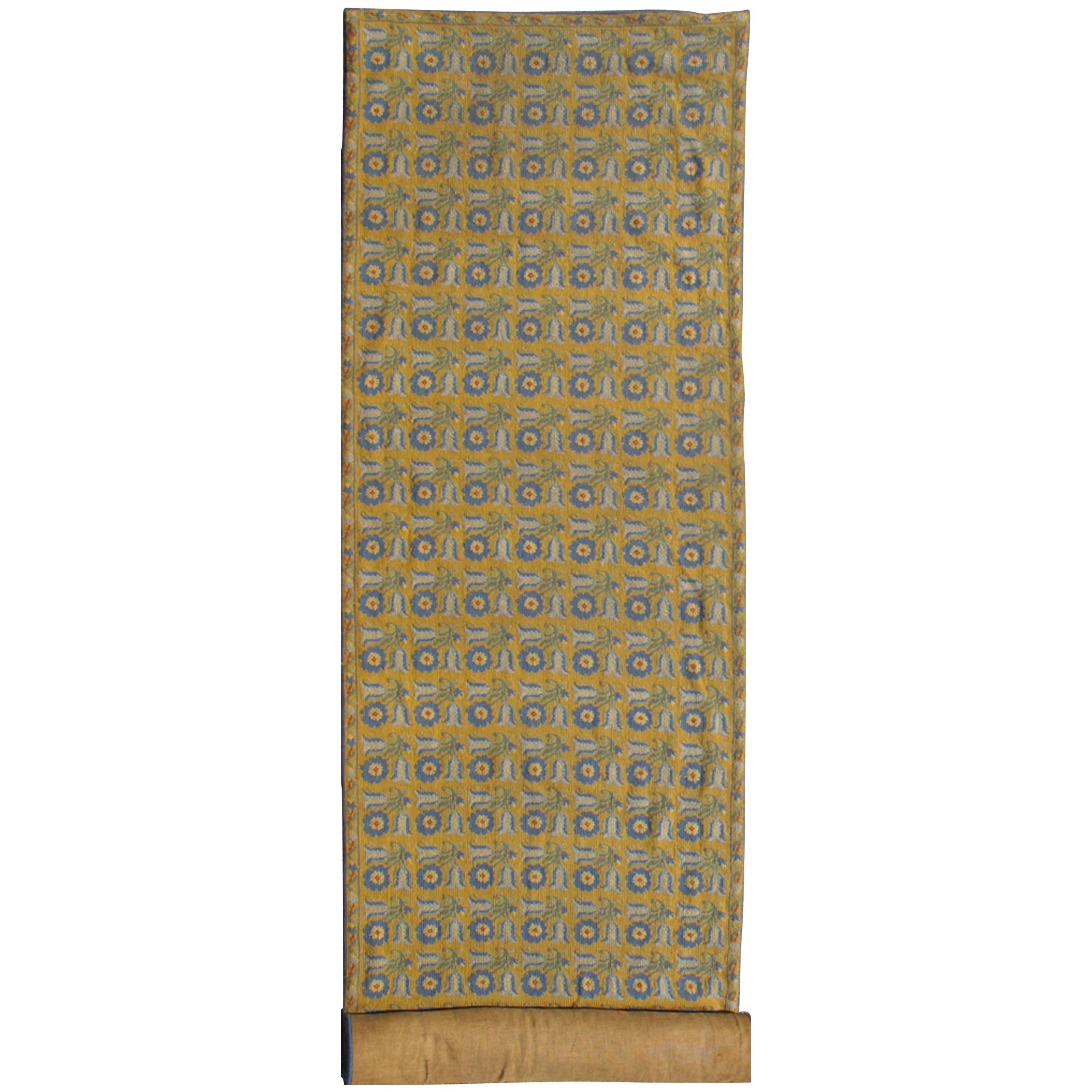 Long Antique Greek Needlepoint Runner with a unique Floral Design in Yellow  For Sale