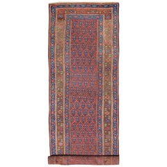 Long tapis de couloir persan Bidjar kurde avec un petit motif cachemire rouge, bleu et marron
