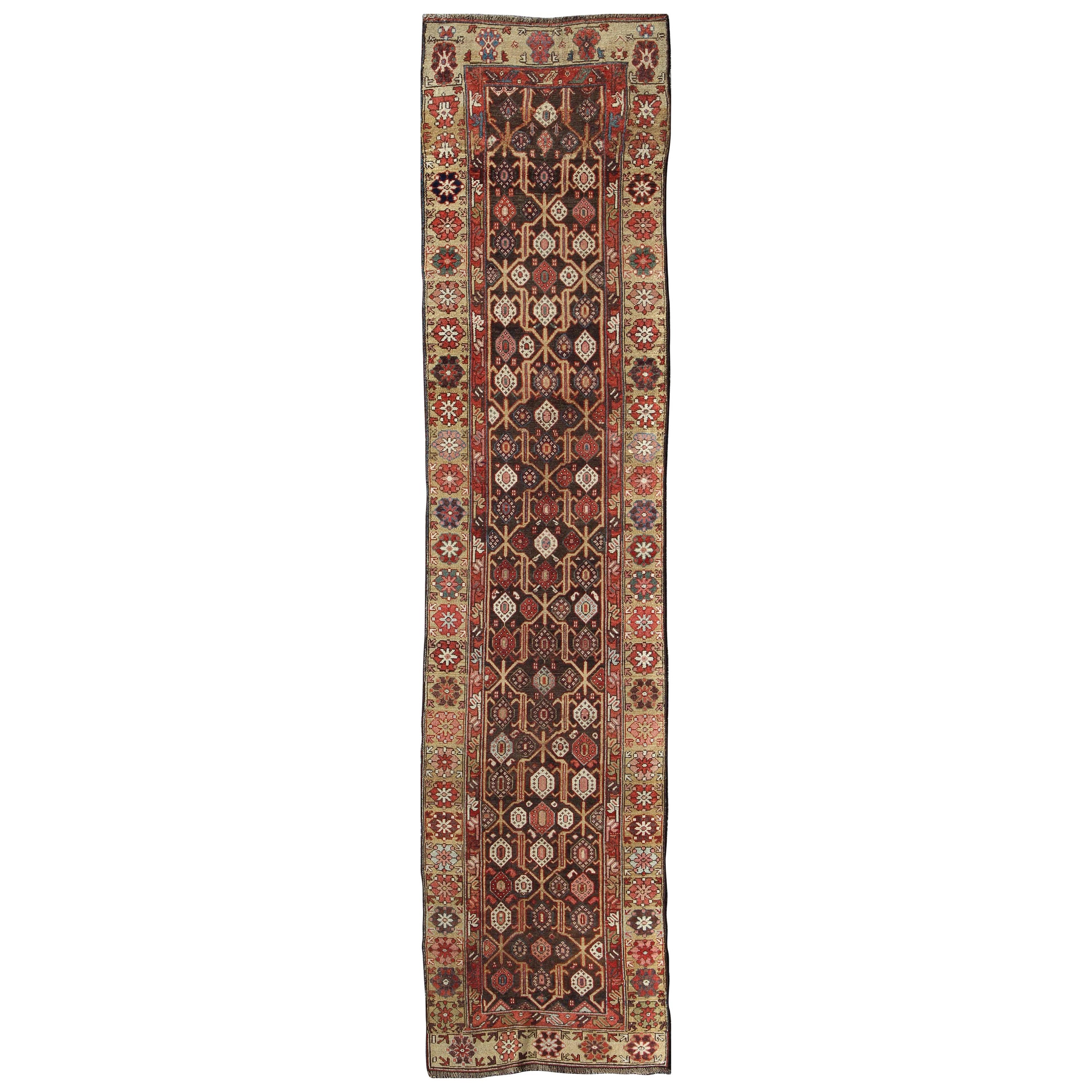Antique Hand Knotted Kurdish Runner with All-Over Geometric Design For Sale