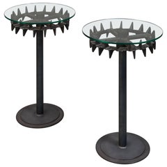 Unique Vintage Industrial Metal And Glass Tractor Wheel Bistro Table Pair 