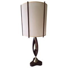 Mid-Century Symmetrical Brass and Teak Table Lamp