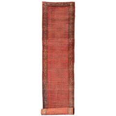 Very Long Persian Antique Seraband Malayer Runner in Soft Red and Green