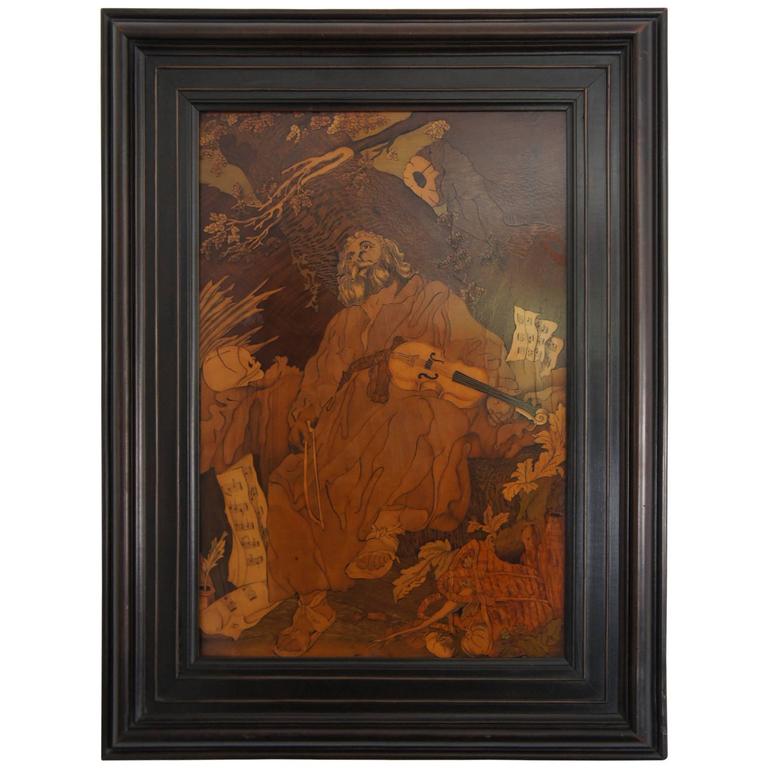 Late 19th Century Classical Marquetry Painting of a Musician with