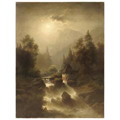 Antique European Oil on Canvas, River Landscape, 19th Century