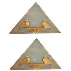 Antique Wonderful French Art Deco Triangle Gilt Bronze Bird Sconces Frosted Glass, Pair