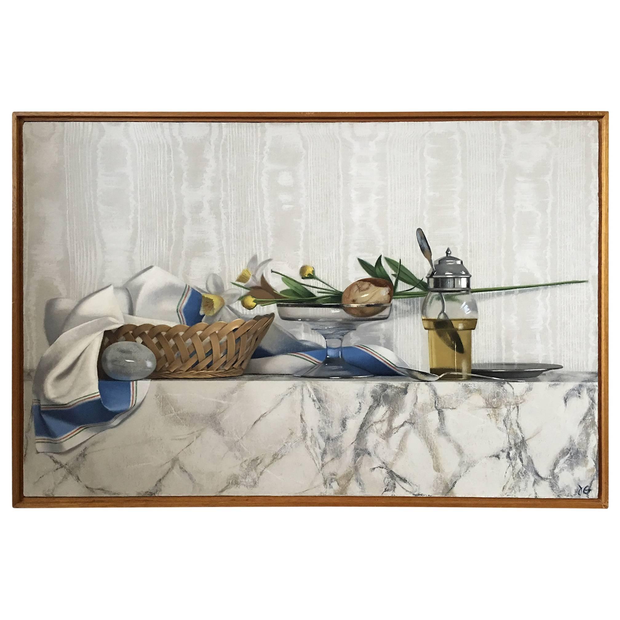 Mid-Century Still Life Painting Titled "White Basket" by Artist Judy Goldsmith For Sale